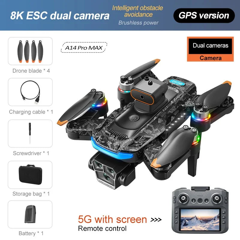 Xiaomi A14Pro Max Drone 8K HD Three Camera GPS Brushless Optical Flow Obstacle Avoidance 4.5-inch large screen UAV RC 20000M