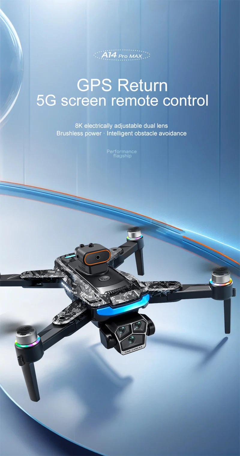 Xiaomi A14Pro Max Drone 8K HD Three Camera GPS Brushless Optical Flow Obstacle Avoidance 4.5-inch large screen UAV RC 20000M