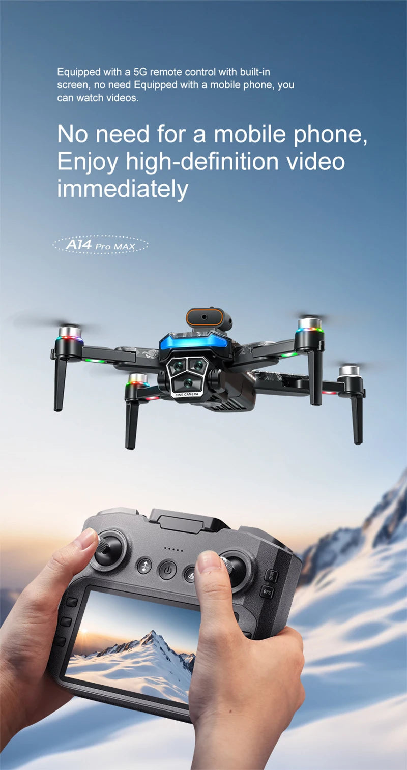 Xiaomi A14Pro Max Drone 8K HD Three Camera GPS Brushless Optical Flow Obstacle Avoidance 4.5-inch large screen UAV RC 20000M