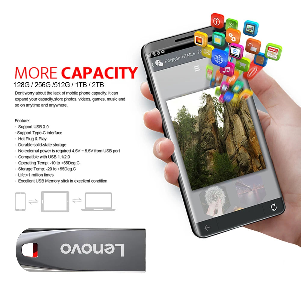 Lenovo USB 3.0 Flash Drives 2TB High Speed Pen Drive 1TB Metal Waterproof Usb Pendrive 512GB TYPE-C Memoria Usb Stick Smart Home